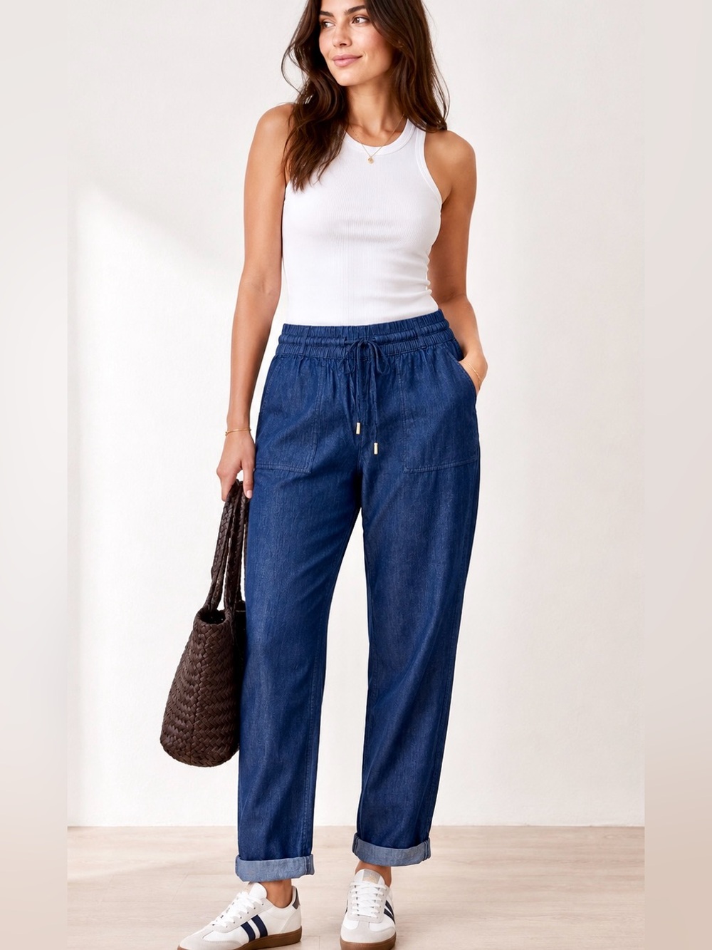 Nautica Jeans Pull-On Chambray Denim Pants Medium Drawstring Cuffed Casual NWT
